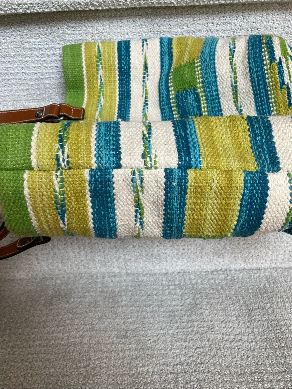 Woven Green & Blue Stripe Tote Bag with Leather Straps - Picture 11 of 15